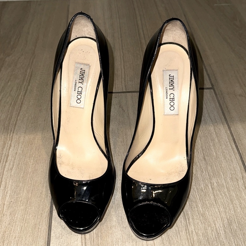 Jimmy Choo “Crown” Black Peep Toe Pump. Italian sizing 39.5